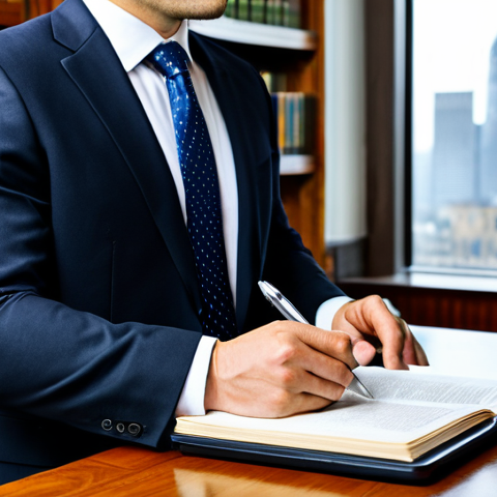 A focused professional auctioneer, an individual with a calm and intellectual demeanor, meticulously studying legal documents at a polished wooden desk. The desk is adorned with neatly stacked law books and a modern tablet displaying legal articles related to auction regulations. The auctioneer is dressed in a modest, dark professional business suit, with a crisp shirt and a subtle tie. The background features a blurred bookshelf filled with legal volumes and a window offering a glimpse of a city skyline. The lighting is soft and professional. This image conveys diligence and expertise in legal frameworks. Safe for work, appropriate content, fully clothed, professional, perfect anatomy, correct proportions, natural pose, well-formed hands, proper finger count, natural body proportions, professional photography, high quality.