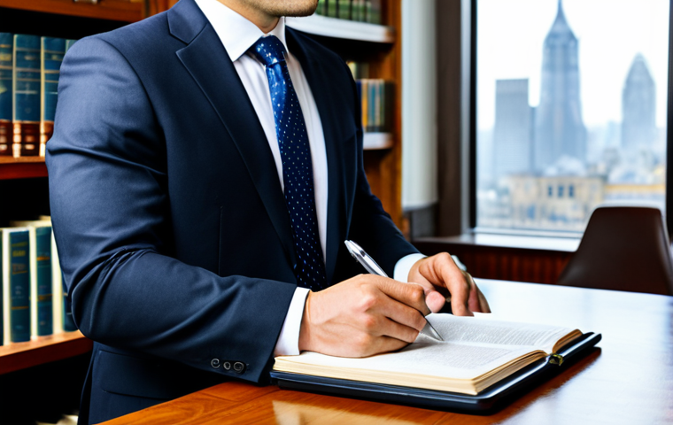A focused professional auctioneer, an individual with a calm and intellectual demeanor, meticulously studying legal documents at a polished wooden desk. The desk is adorned with neatly stacked law books and a modern tablet displaying legal articles related to auction regulations. The auctioneer is dressed in a modest, dark professional business suit, with a crisp shirt and a subtle tie. The background features a blurred bookshelf filled with legal volumes and a window offering a glimpse of a city skyline. The lighting is soft and professional. This image conveys diligence and expertise in legal frameworks. Safe for work, appropriate content, fully clothed, professional, perfect anatomy, correct proportions, natural pose, well-formed hands, proper finger count, natural body proportions, professional photography, high quality.