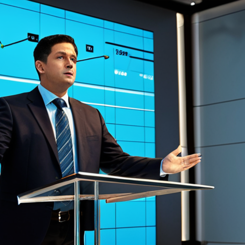 A professional auctioneer, dressed in a modest business suit, stands confidently at a sleek, modern podium in a spacious auction hall. Large, high-resolution digital screens behind them display dynamic, real-time bidding data and abstract market trend visualizations, merging the traditional with the digital. The auctioneer's expression is engaging and authoritative, hands gesturing subtly. The lighting is bright and professional. Fully clothed, appropriate attire, safe for work, perfect anatomy, correct proportions, natural pose, well-formed hands, proper finger count, professional photography, high quality, modest clothing, family-friendly.