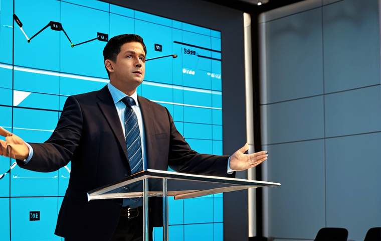 A professional auctioneer, dressed in a modest business suit, stands confidently at a sleek, modern podium in a spacious auction hall. Large, high-resolution digital screens behind them display dynamic, real-time bidding data and abstract market trend visualizations, merging the traditional with the digital. The auctioneer's expression is engaging and authoritative, hands gesturing subtly. The lighting is bright and professional. Fully clothed, appropriate attire, safe for work, perfect anatomy, correct proportions, natural pose, well-formed hands, proper finger count, professional photography, high quality, modest clothing, family-friendly.