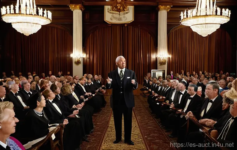 경매사 실기시험 평가 항목과 기준 - **A master auctioneer captivating an audience in a grand, historic auction hall.**
    *   **Descrip...