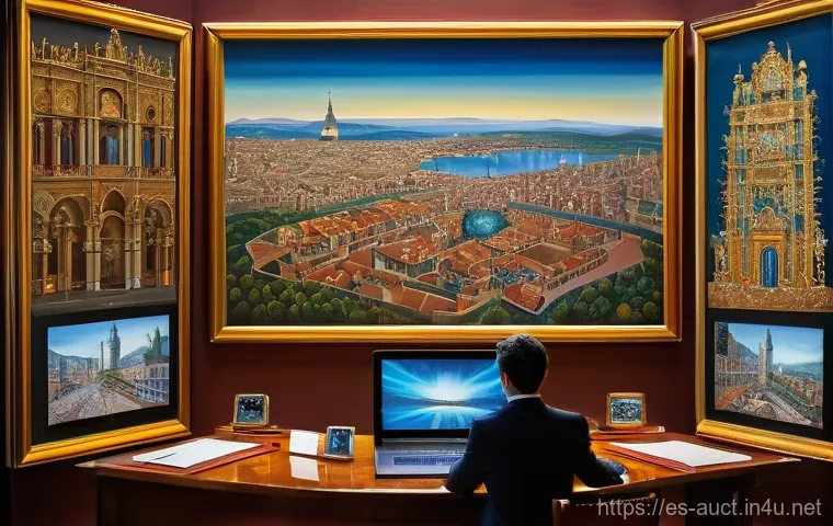 경매사 실무에서 필요한 기술 도구 - **Global Online Auction of Masterpieces**
    A dynamic, visually rich scene showcasing the global r...