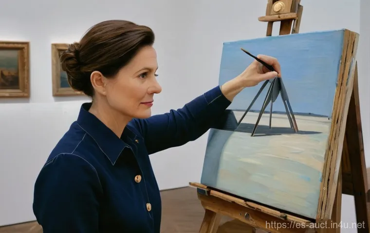 경매사 실무와 관련된 분쟁 사례 - A professional art restorer, a woman in her late 40s, meticulously inspects a newly acquired vintage...