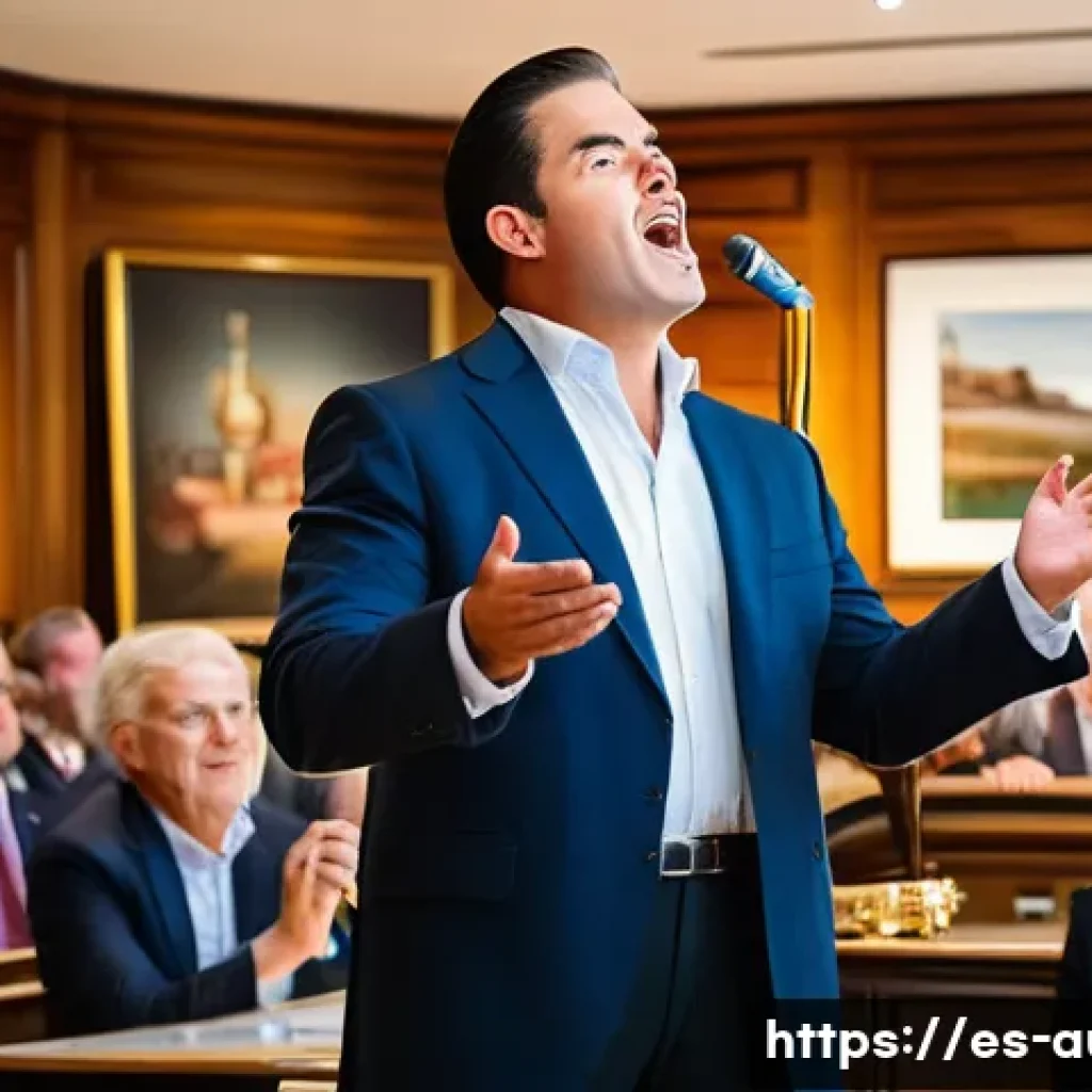 경매사 필기시험 예상 문제 - A professional auctioneer conducting a live public auction in a modern Spanish auction house, wearin...