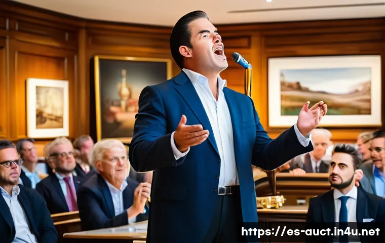 경매사 필기시험 예상 문제 - A professional auctioneer conducting a live public auction in a modern Spanish auction house, wearin...