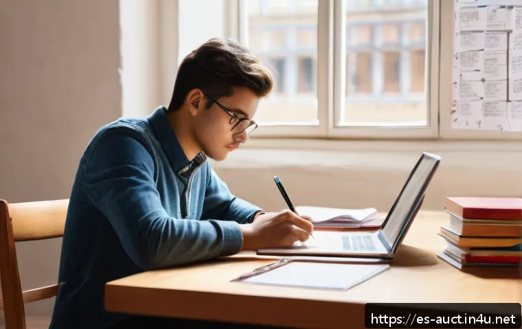 경매사 시험 합격률과 난이도 - A focused young adult Spanish student studying at a wooden desk in a cozy, sunlit room, surrounded b...