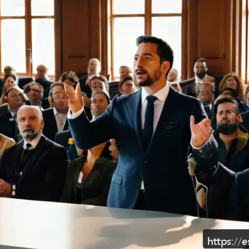 경매사 실기시험 준비 과정 기록 - A professional auctioneer standing confidently on a stage in a modern auction house in Spain, wearin...