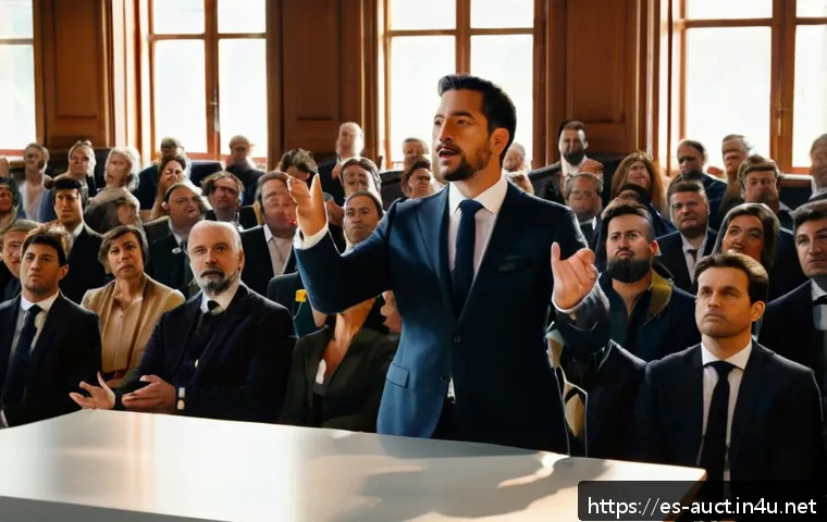 경매사 실기시험 준비 과정 기록 - A professional auctioneer standing confidently on a stage in a modern auction house in Spain, wearin...