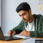Home 22 경매사 시험 준비 중 놓치기 쉬운 부분 - A focused young adult Hispanic student studying at a tidy desk with Spanish-language legal textbooks...