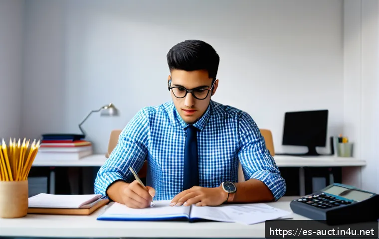 경매사 실기시험에서 발생할 수 있는 문제 해결 - A focused young Hispanic professional sitting at a tidy desk in a bright, modern study room, surroun...