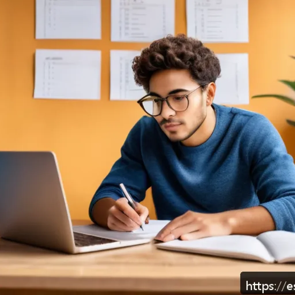 경매사 시험 준비를 위한 계획표 작성 - A focused young adult Hispanic student studying at a tidy desk in a cozy home office, surrounded by ...