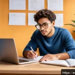 Home 20 경매사 시험 준비를 위한 계획표 작성 - A focused young adult Hispanic student studying at a tidy desk in a cozy home office, surrounded by ...