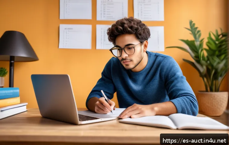 경매사 시험 준비를 위한 계획표 작성 - A focused young adult Hispanic student studying at a tidy desk in a cozy home office, surrounded by ...