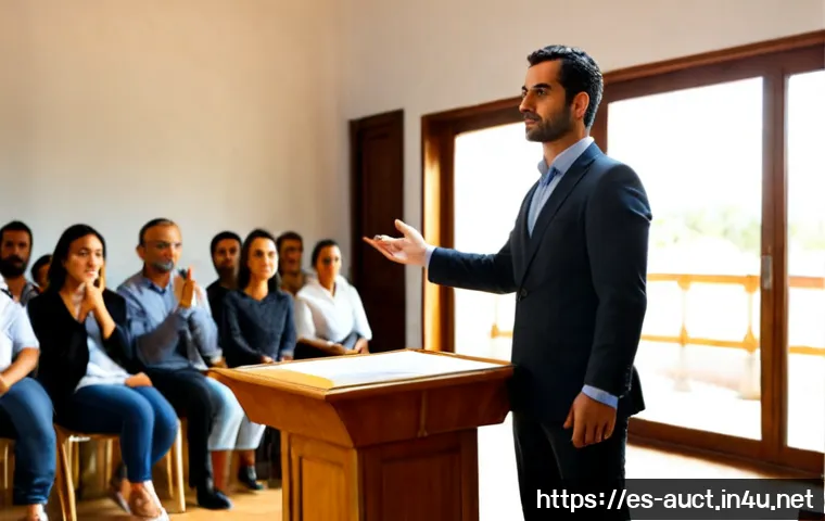경매사 필기시험 합격 후 실기시험 준비법 - Photorealistic Spanish auctioneer practical exam preparation, confident adult trainee standing behin...
